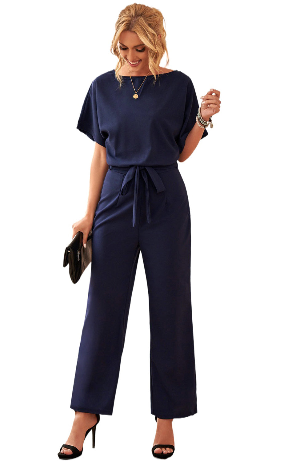 Chic Blue Oh So Glam Belted Wide Leg Jumpsuit